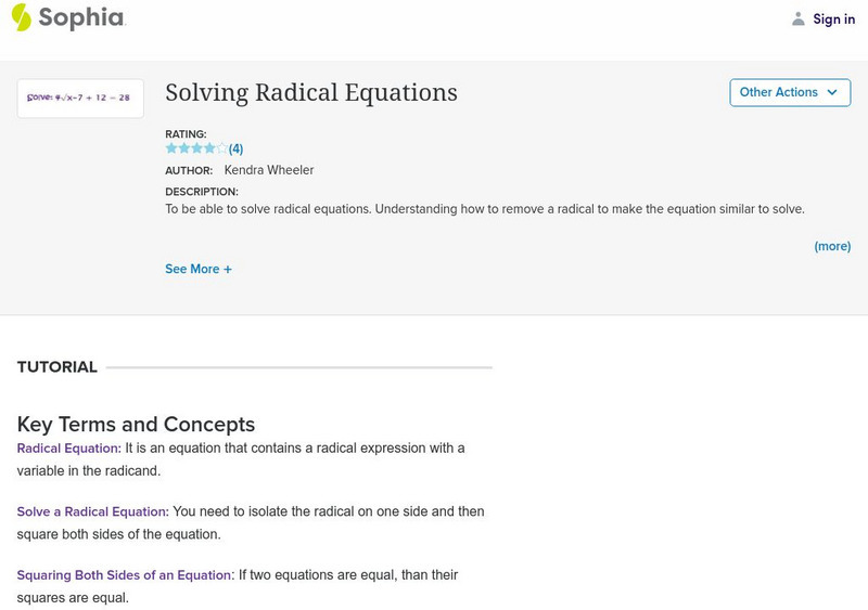 Sophia: Solving Radical Equations Instructional Video Sophia: Solving Radical Equations Instructional Video