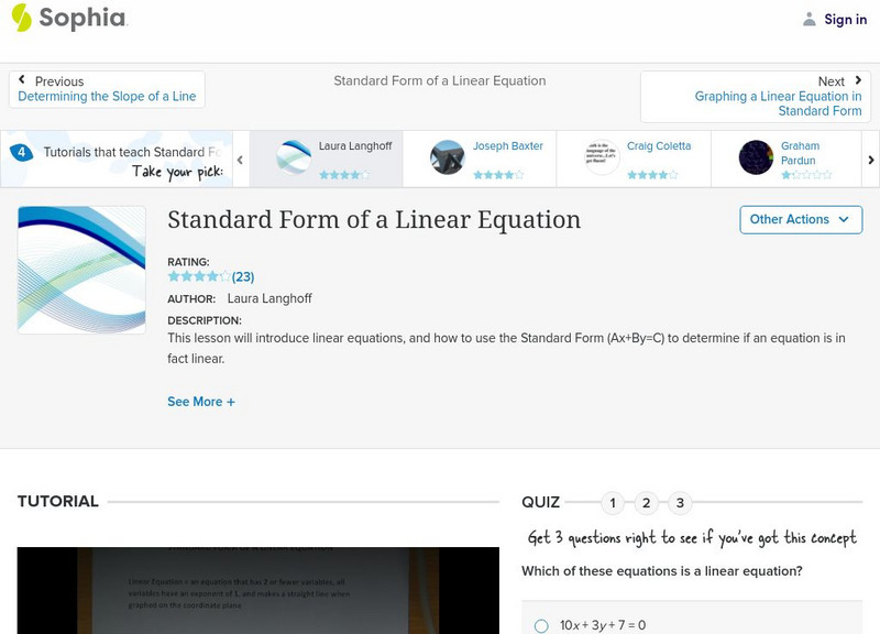 Sophia: Standard Form of a Linear Equation Instructional Video Sophia: Standard Form of a Linear Equation Instructional Video