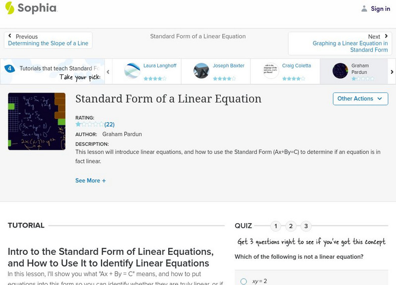 Sophia: Standard Form of a Linear Equation Instructional Video Sophia: Standard Form of a Linear Equation Instructional Video