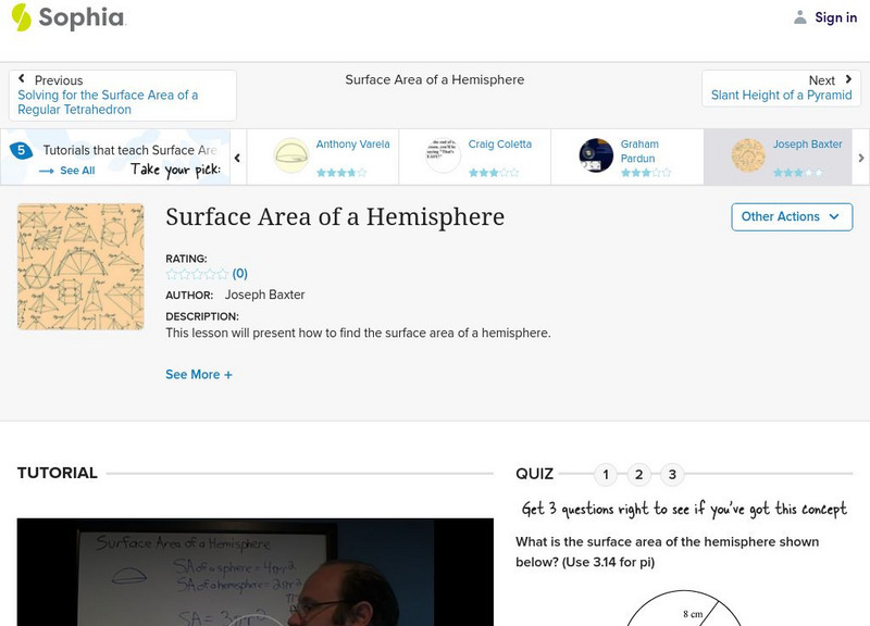 Sophia: Surface Area of a Hemisphere Tutorial Instructional Video