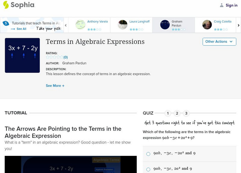 Sophia: Terms in Algebraic Expressions Instructional Video