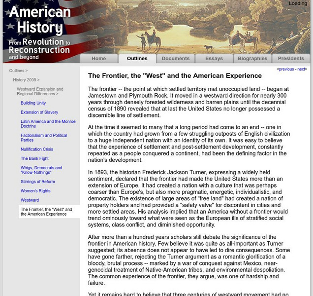 American History: Outlines: The Frontier, "West" and the American Experience Website