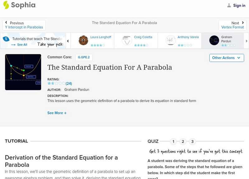 Sophia: The Standard Equation for a Parabola Instructional Video