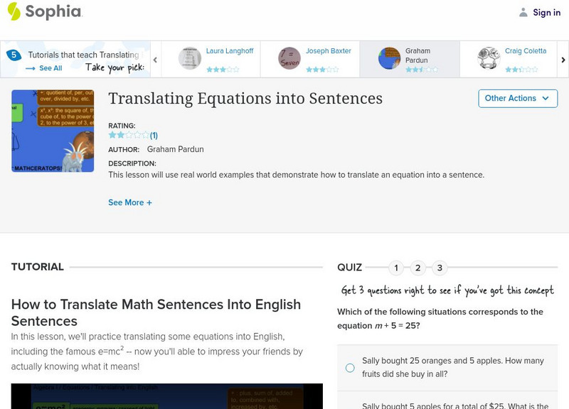 Sophia: Translating Equations Into Sentences Instructional Video Sophia: Translating Equations Into Sentences Instructional Video
