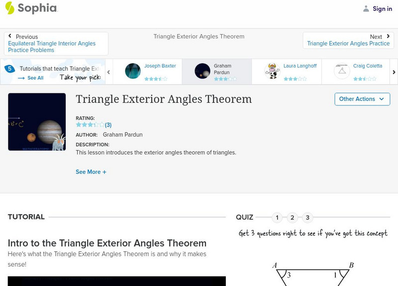Sophia: Triangle Exterior Angles Theorem Instructional Video Sophia: Triangle Exterior Angles Theorem Instructional Video