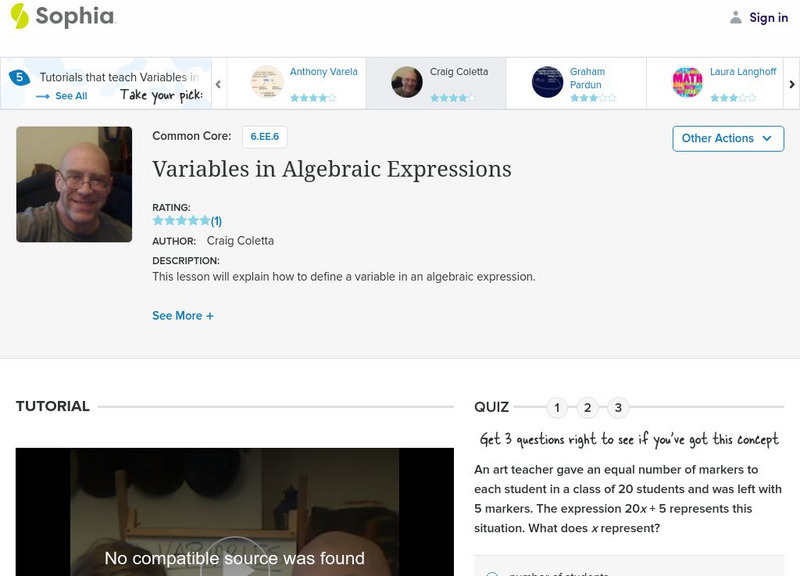 Sophia: Variables in Algebraic Expressions Instructional Video Sophia: Variables in Algebraic Expressions Instructional Video