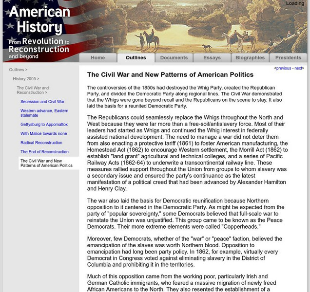 American History: Outlines: The Civil War and New Patterns of American Politics Website American History: Outlines: The Civil War and New Patterns of American Politics Website