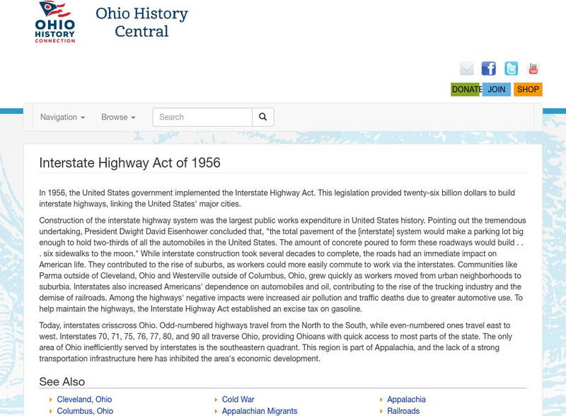Ohio History Central: Interstate Highway Act of 1956 Handout
