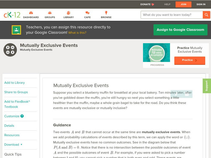 Ck 12: Probability: Mutually Exclusive Events Grades 9 10 Unit Plan