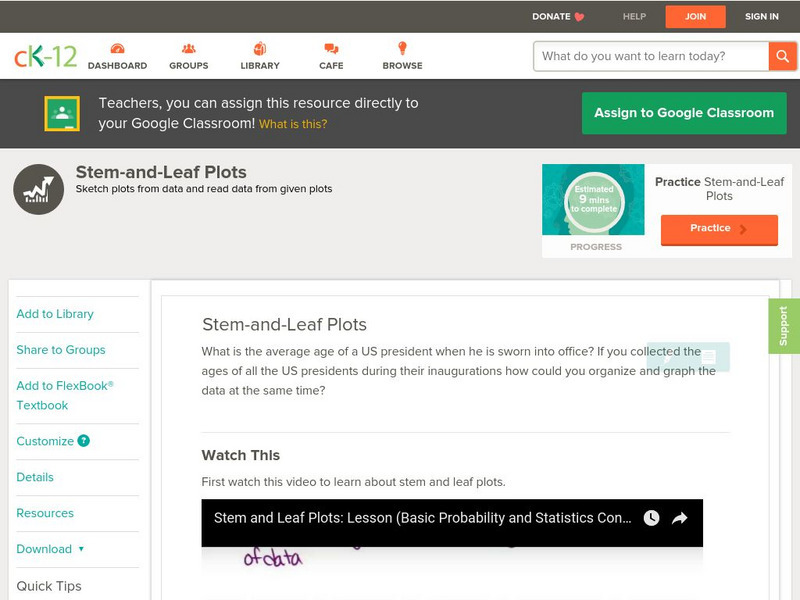 Ck 12: Statistics: Stem and Leaf Plots Grade 8 Unit Plan