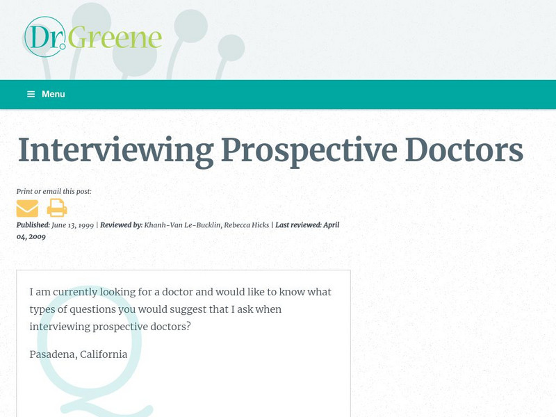 Dr. Green: Interviewing Prospective Doctors Handout Dr. Green: Interviewing Prospective Doctors Handout