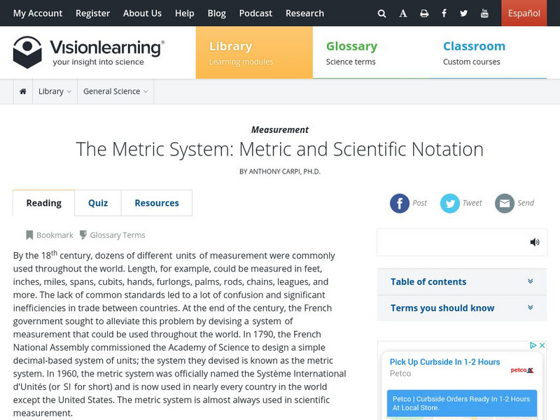 Visionlearning: General Science: Metric System: Metric and Scientific Notation Handout Visionlearning: General Science: Metric System: Metric and Scientific Notation Handout