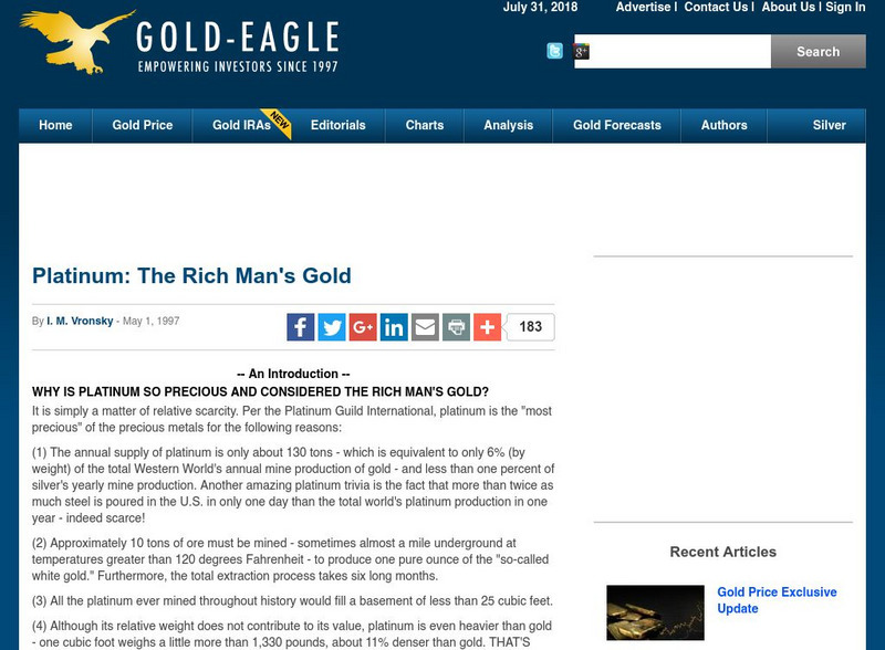 Gold Eagle Magazine: Platinum: The Rich Man's Gold Article Gold Eagle Magazine: Platinum: The Rich Man's Gold Article