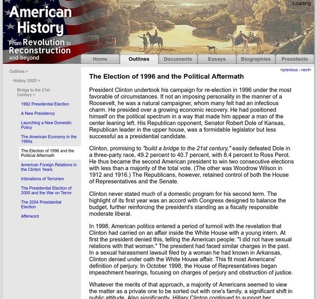 American History: Outlines: The Election of 1996 and the Political Aftermath Website American History: Outlines: The Election of 1996 and the Political Aftermath Website