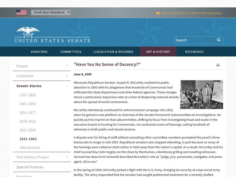 Senate Stories: "Have You No Sense of Decency?" Website Senate Stories: "Have You No Sense of Decency?" Website