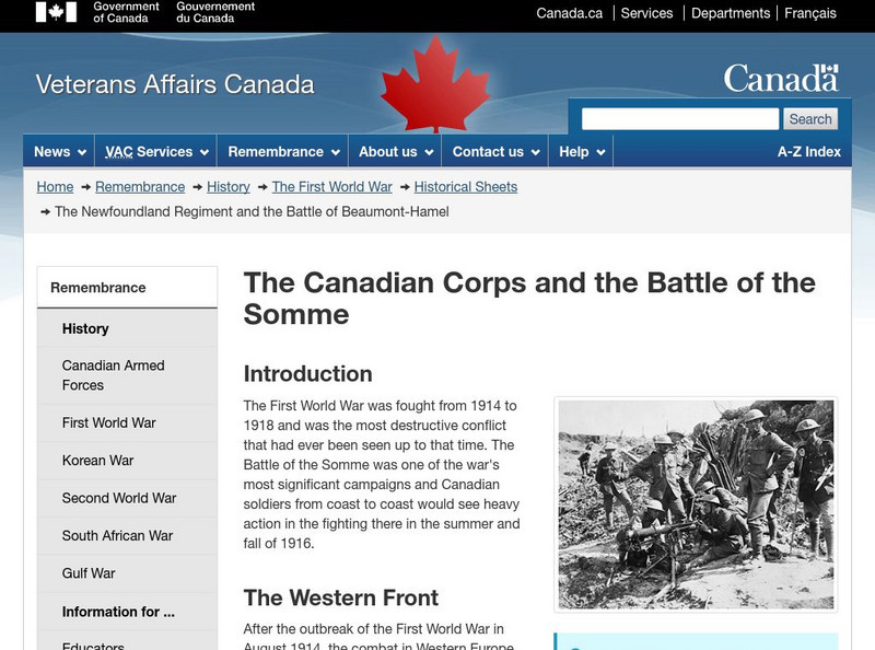 Veteran Affairs Canada: 1st Newfoundland Regiment and the Battle of the Somme Website Veteran Affairs Canada: 1st Newfoundland Regiment and the Battle of the Somme Website