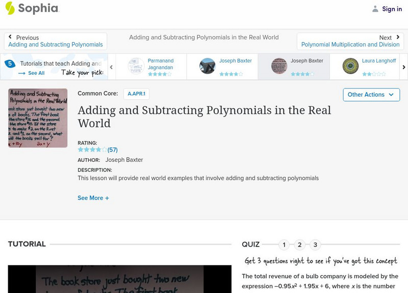 Sophia: Adding and Subtracting Polynomials in the Real World 2 Instructional Video Sophia: Adding and Subtracting Polynomials in the Real World 2 Instructional Video
