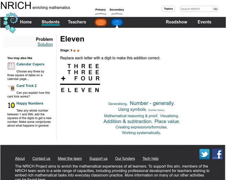University of Cambridge: Nrich: Eleven? Activity University of Cambridge: Nrich: Eleven? Activity