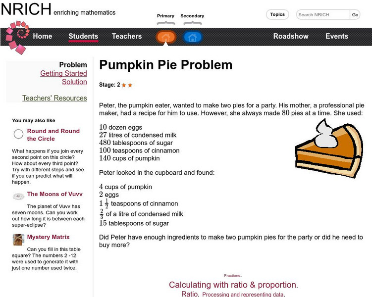 University of Cambridge: Nrich: Pumpkin Pie Problem Activity University of Cambridge: Nrich: Pumpkin Pie Problem Activity