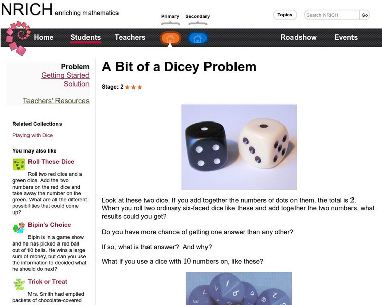 University of Cambridge: Nrich: A Bit of a Dicey Problem Activity University of Cambridge: Nrich: A Bit of a Dicey Problem Activity