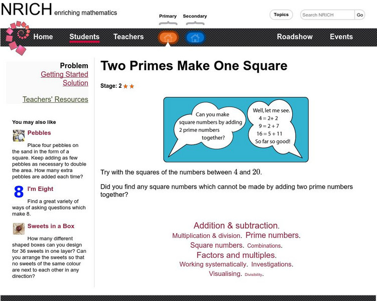 University of Cambridge: Nrich: Two Primes Make One Square Activity University of Cambridge: Nrich: Two Primes Make One Square Activity