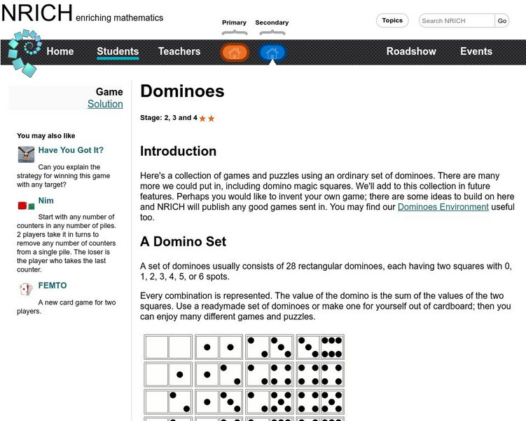University of Cambridge: Nrich: Dominoes Activity University of Cambridge: Nrich: Dominoes Activity