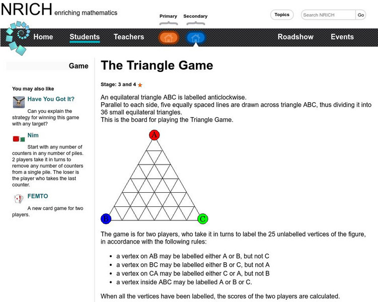 University of Cambridge: Nrich: Games the Triangle Game Activity University of Cambridge: Nrich: Games the Triangle Game Activity
