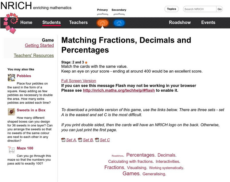 University of Cambridge: Nrich: Games Pelmathism: Fractions, Decimals, & Percents Interactive University of Cambridge: Nrich: Games Pelmathism: Fractions, Decimals, & Percents Interactive
