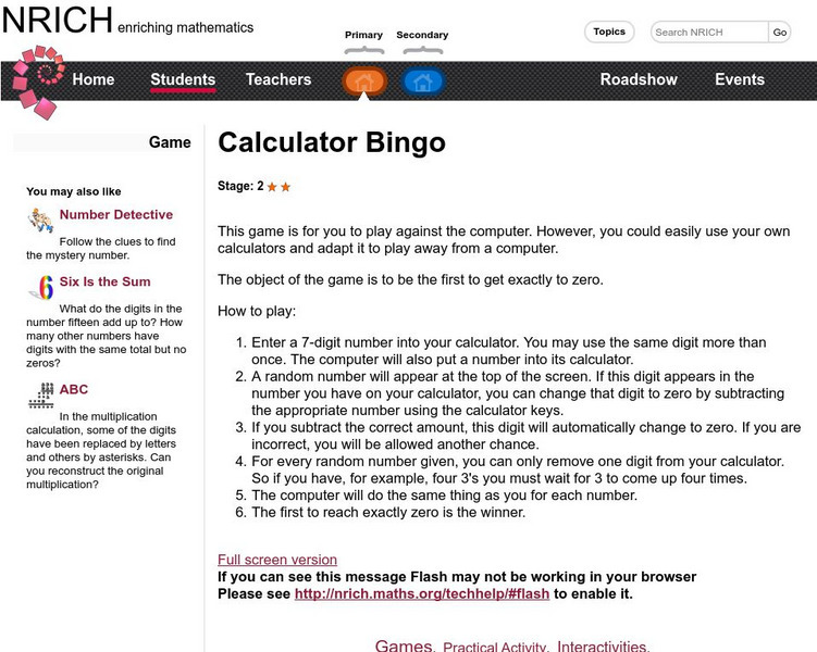University of Cambridge: Nrich: Game Calculator Bingo Interactive University of Cambridge: Nrich: Game Calculator Bingo Interactive