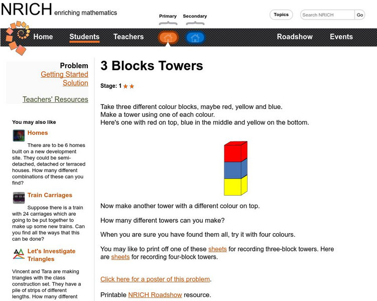 University of Cambridge: Nrich: Three Block Tower Activity University of Cambridge: Nrich: Three Block Tower Activity