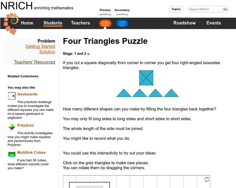 University of Cambridge: Nrich: Four Triangles Puzzle Activity University of Cambridge: Nrich: Four Triangles Puzzle Activity