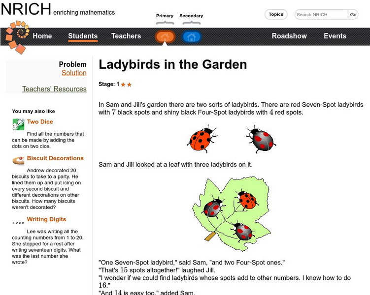 University of Cambridge: Nrich: Ladybugs in the Garden Activity University of Cambridge: Nrich: Ladybugs in the Garden Activity