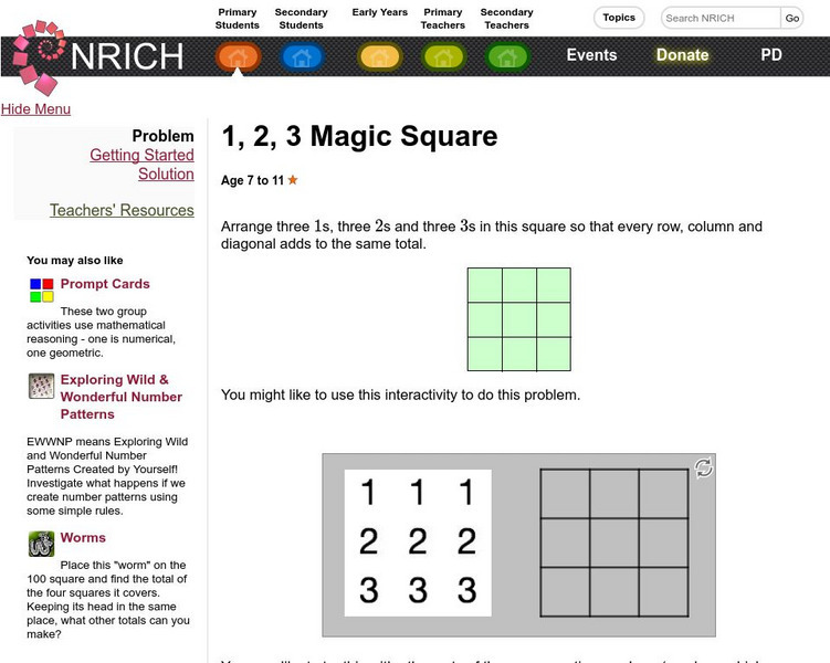 University of Cambridge: Nrich: 1, 2, 3 Magic Square Activity University of Cambridge: Nrich: 1, 2, 3 Magic Square Activity