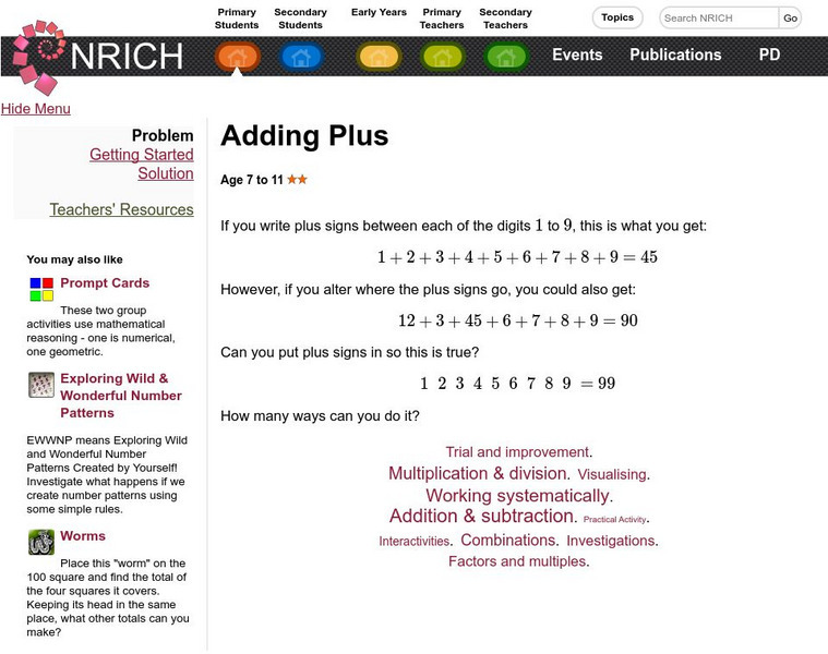 University of Cambridge: Nrich: Adding Plus Activity University of Cambridge: Nrich: Adding Plus Activity