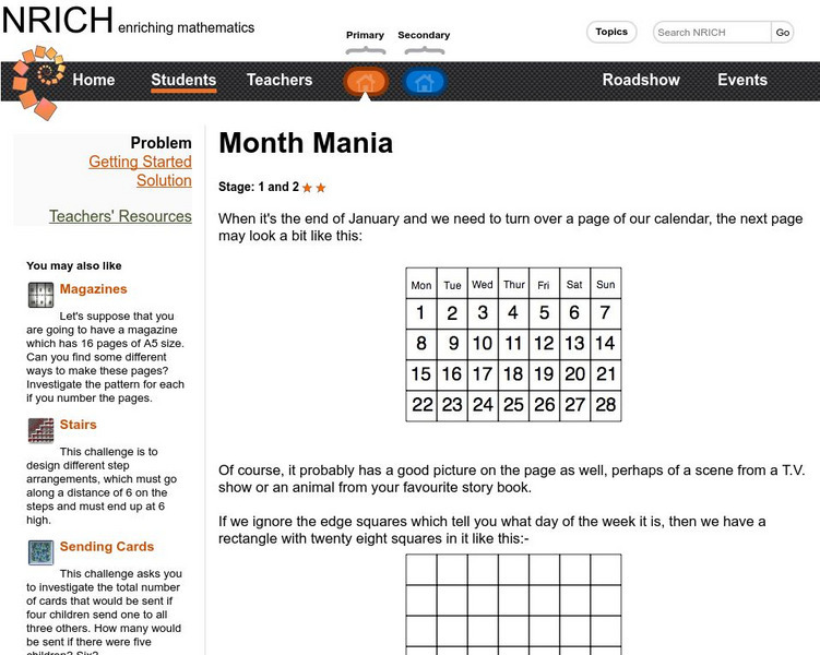 University of Cambridge: Nrich: Month Mania Activity University of Cambridge: Nrich: Month Mania Activity