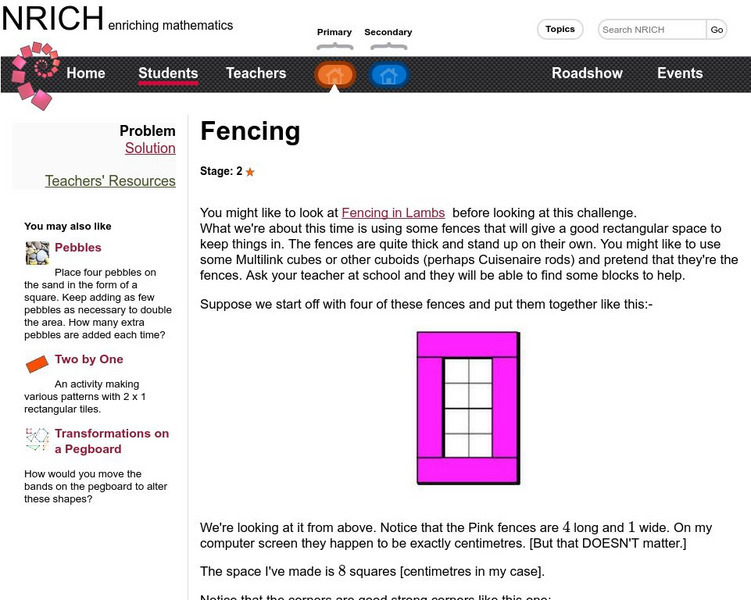 University of Cambridge: Nrich: Fencing Unit Plan University of Cambridge: Nrich: Fencing Unit Plan