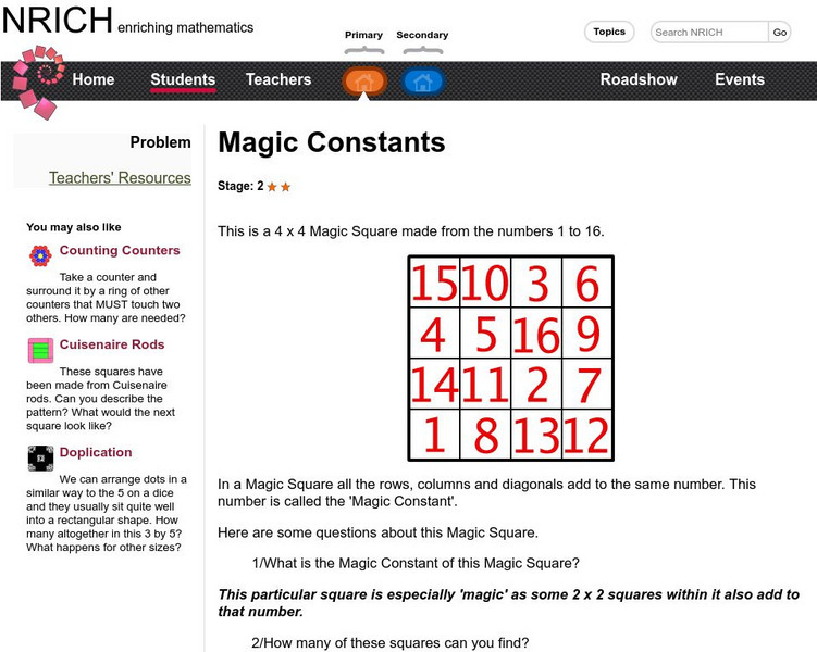 University of Cambridge: Nrich: Magic Squares Activity University of Cambridge: Nrich: Magic Squares Activity