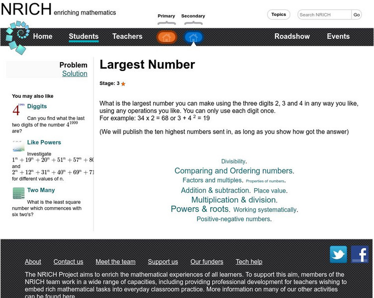 University of Cambridge: Nrich: Largest Number Activity University of Cambridge: Nrich: Largest Number Activity