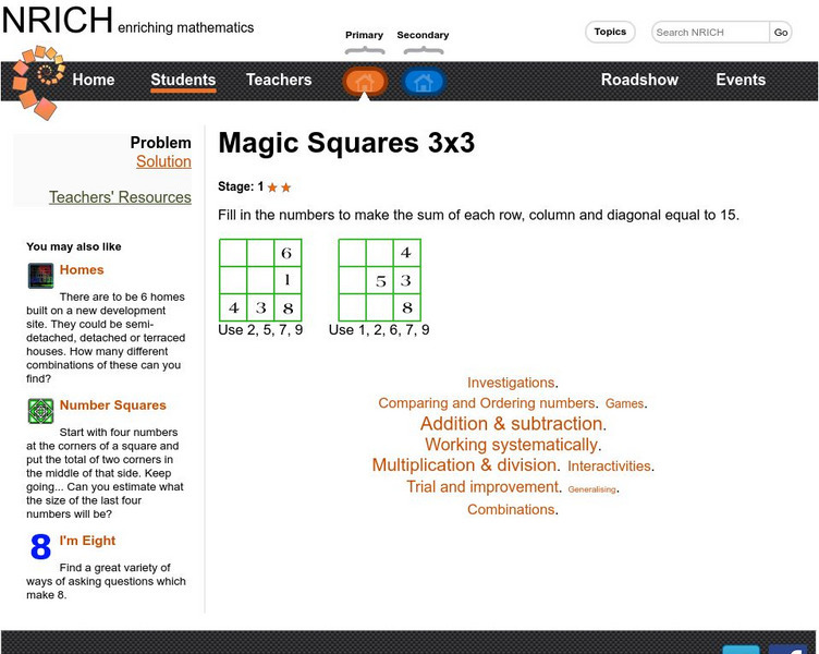University of Cambridge: Nrich: Magic Squares 3x3 Activity University of Cambridge: Nrich: Magic Squares 3x3 Activity