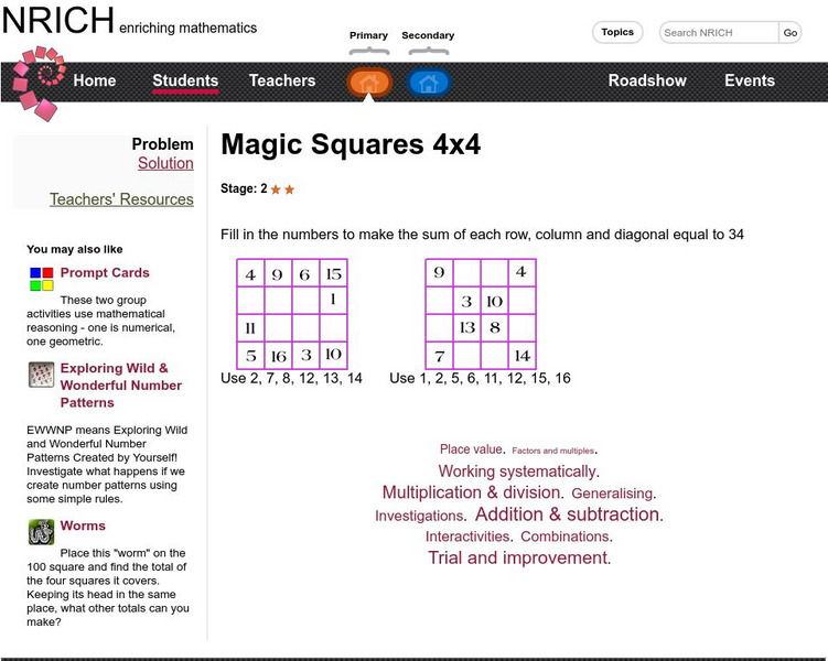 University of Cambridge: Nrich: Magic Squares 4x4 Activity University of Cambridge: Nrich: Magic Squares 4x4 Activity