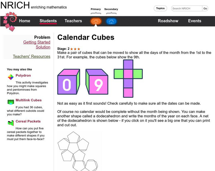 University of Cambridge: Nrich: Calendar Cubes Activity University of Cambridge: Nrich: Calendar Cubes Activity