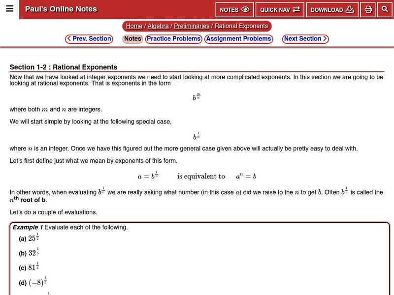 Paul's Online Notes: Rational Exponents Unit Plan Paul's Online Notes: Rational Exponents Unit Plan