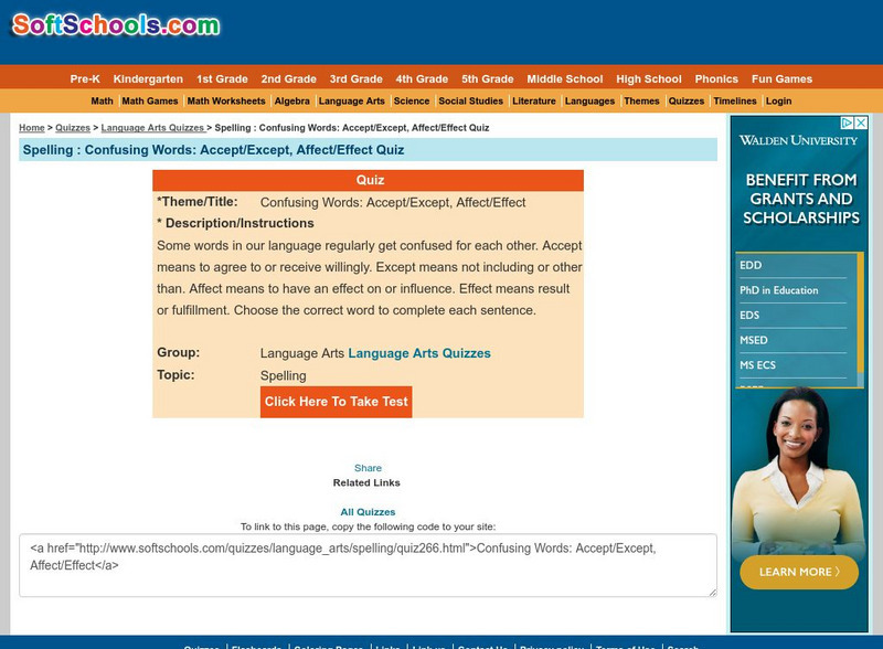 Soft Schools: Confusing Words Quiz: Accept/except, Affect/effect Unknown Type