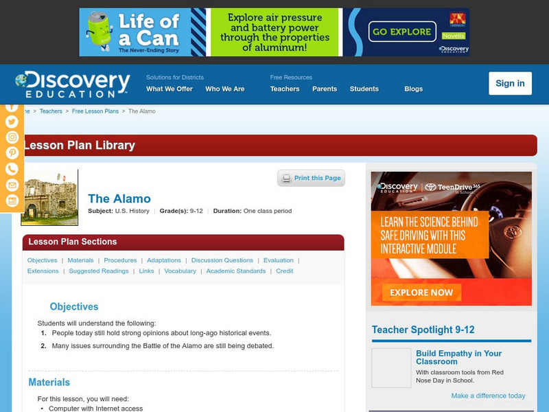 Discovery Education: The Alamo Lesson Plan Discovery Education: The Alamo Lesson Plan
