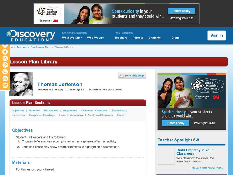 Discovery Education: Thomas Jefferson Lesson Plan Discovery Education: Thomas Jefferson Lesson Plan