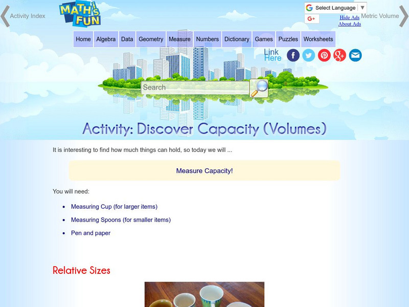 Math Is Fun: Activity: Discover Capacity Activity Math Is Fun: Activity: Discover Capacity Activity