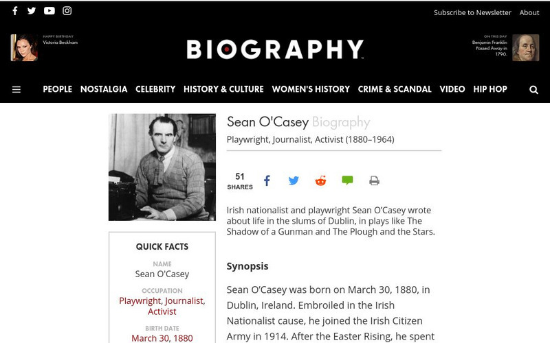Biography: Sean O'casey (1880 1964) Handout Biography: Sean O'casey (1880 1964) Handout