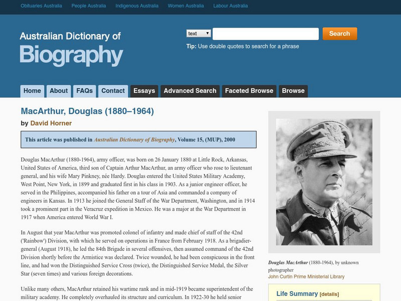 Australian Dictionary of Biography: Mac Arthur, Douglas (1880 1964) Website Australian Dictionary of Biography: Mac Arthur, Douglas (1880 1964) Website