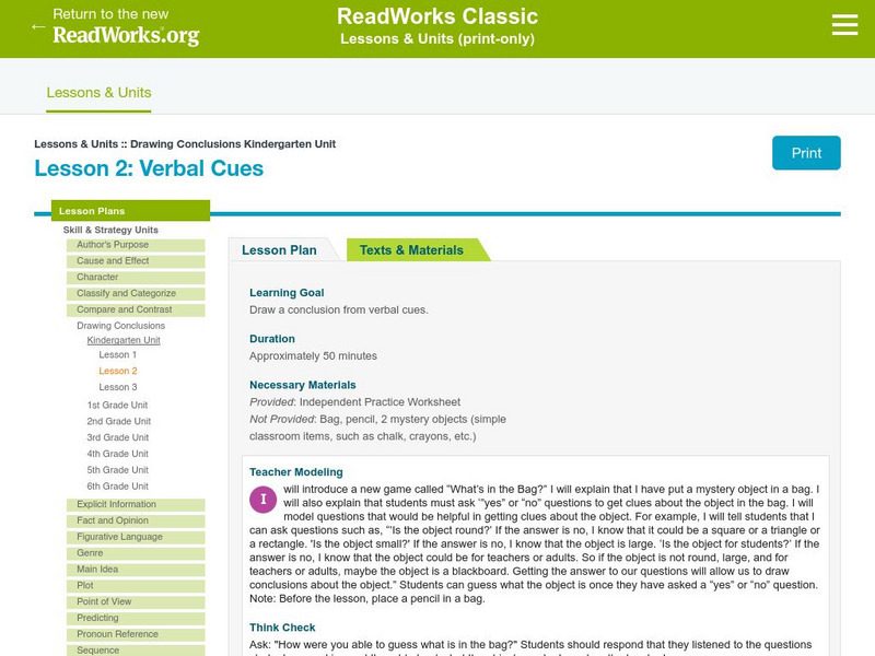 Read Works: Drawing Conclusions Kindergarten Unit: Verbal Cues Lesson Plan Read Works: Drawing Conclusions Kindergarten Unit: Verbal Cues Lesson Plan