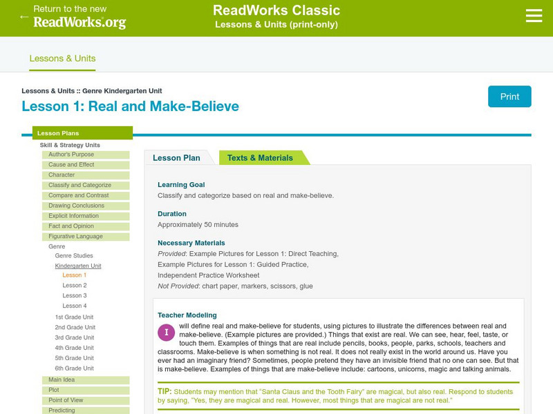 Read Works: Genre Kindergarten Unit: Real and Make Believe Lesson Plan Read Works: Genre Kindergarten Unit: Real and Make Believe Lesson Plan